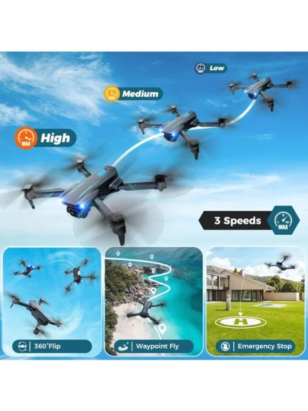 Drone Camera 1080P HD FPV Camera, ne Key Take Off/Land, Altitude Hold, 360 Flip